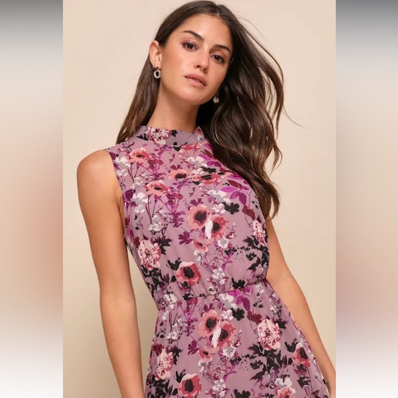 Lulus In My Dreams Mauve Floral Print Midi Dress High Neck A Line Size XS - Picture 4 of 6
